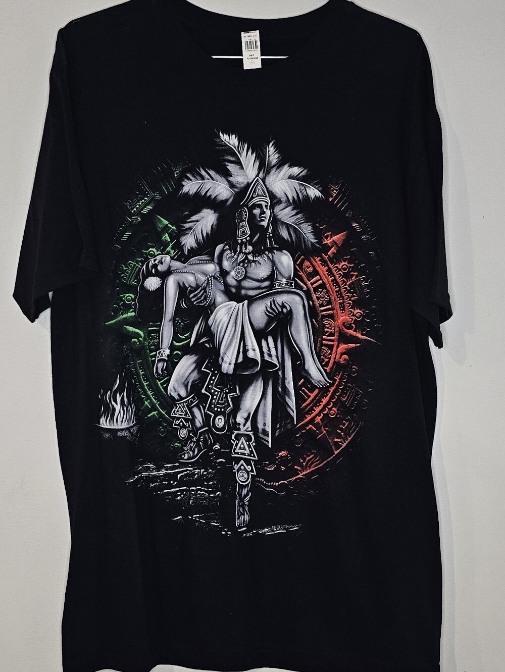 Black Graphic Mexican T-Shirt with Aztec Warrior Print NWT